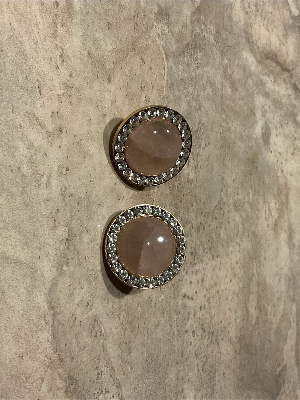 Vintage Button Earrings Rose quartz Rhinestones Goldtone metal setting pierced